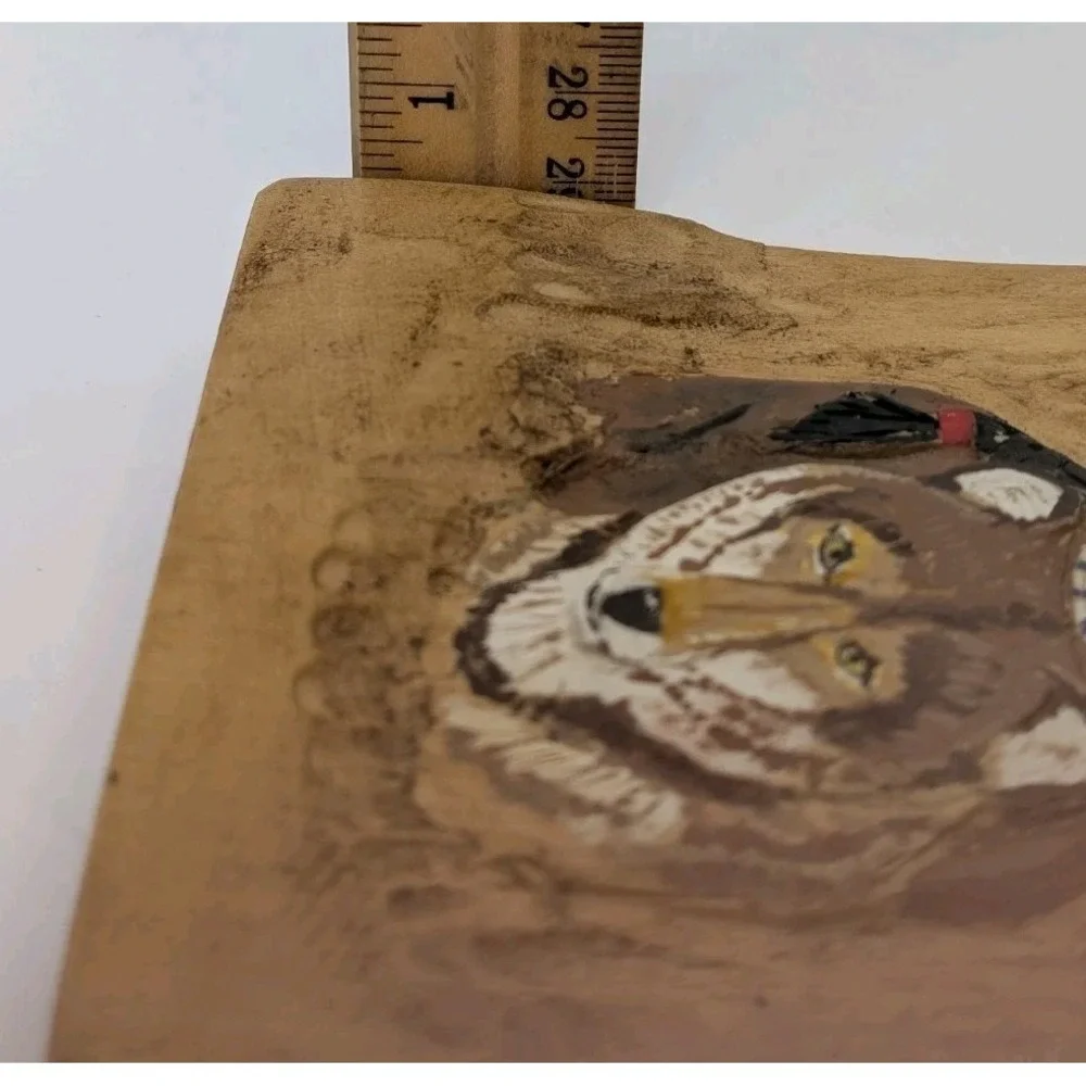 Hand Carved Wooden Plaque‎ Native American Man Wolf Spirit Rustic Wall Art
